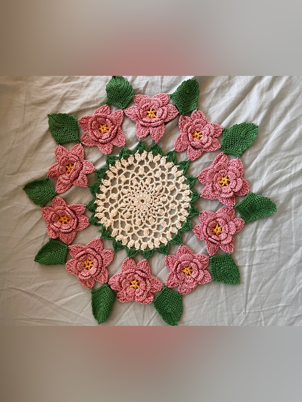 Antique Handmade Crochet Doily - Pink Flower with Green Leaves
